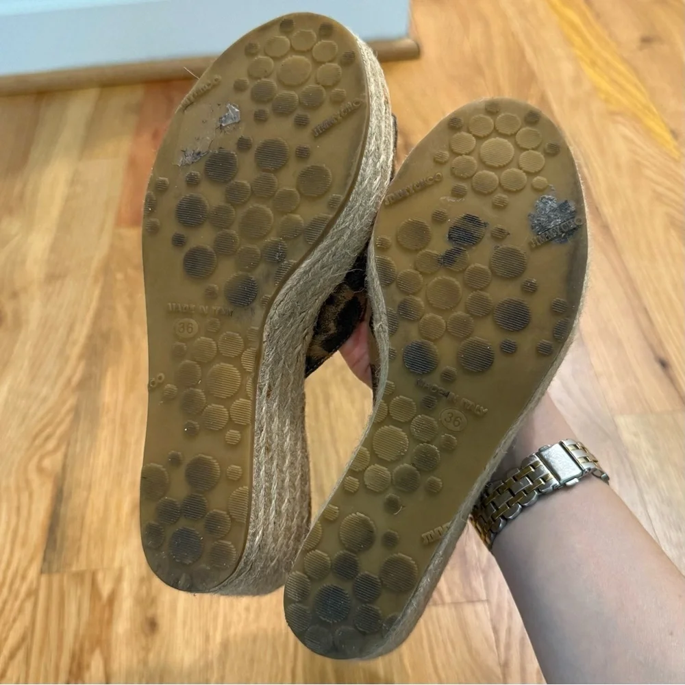 Jimmy Choo Dovina Leopard Suede Espadrille Platform Wedge Slides Sandals Size 36